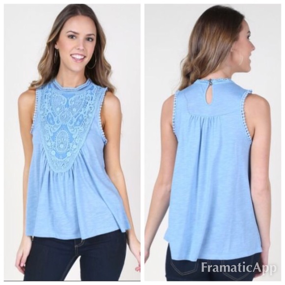 Altar’d State Blue Tank Top High Lace Neckline - Picture 1 of 8